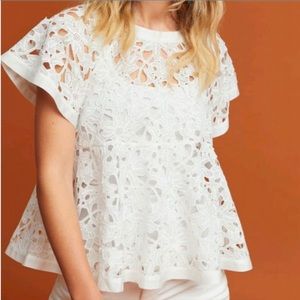 ANTHROPOLOGIE ERI + ALI FLORAL WHITE LACE BABYDOLL SWING TOP S